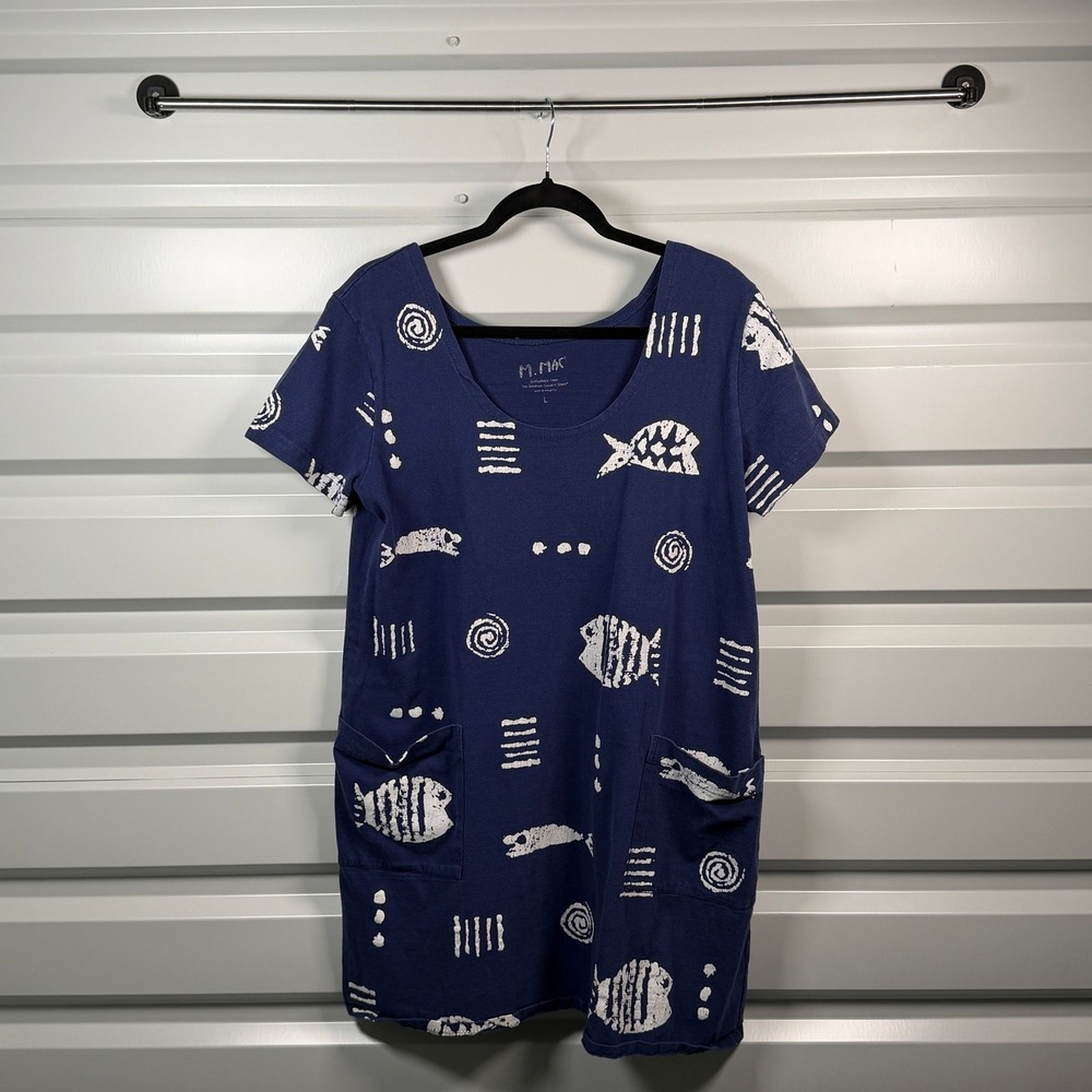 M. MAC Navy Blue Fish Print Cotton T-Shirt Dress Pockets Vermont Country Store L - Picture 1 of 4